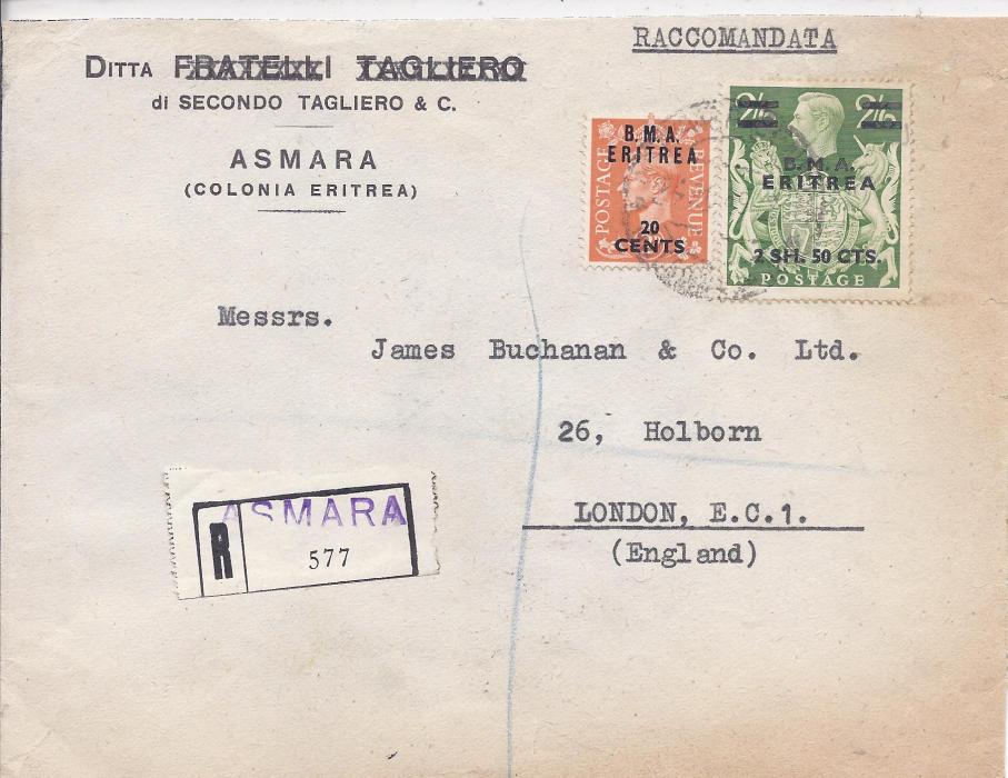 British Occupation of Former Italian Colonies Eritrea: 1949 registered cover to London franked 20c. on 2d. and 2s50c. on 2/6d. tied Asmara cds, further group of Asmara cancels on reverse; envelope roughly opened out for display.
