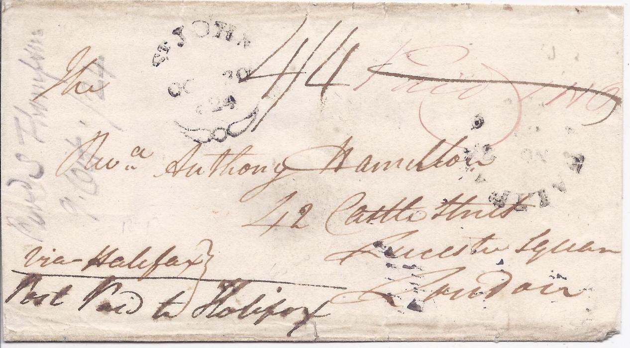 Canada New Brunswick 1824 outer letter sheet to London bearing good strike of St John’s fleuron, endorsed “Via Halifax” whose less clear cancel appears at right, postage was prepaid to there with the manuscript rate annotation crossed out, when in Halifax a double rate “4/4” charge was raised. Carried on ‘Marquis of Salisbury’, departing on Feb 22 as the first sailing of the year, arriving in Falmouth March 12. Received in London on March 15.