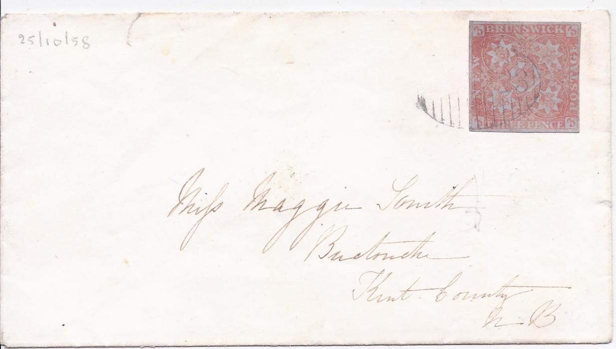 Canada New Brunswick 1858 internal cover bearing 3d. dull red with good to close margins, tied full grid of bars; Vincent Graves Greene Certificate 2004.