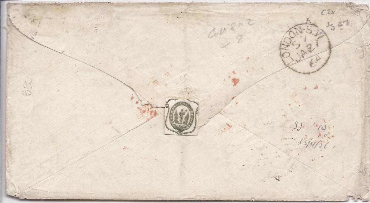 Ceylon 1863 cover to London franked pair 1861-64, perf 14 5d. tied bar grid cancels, red Calle Paid cds at left, endorsed 