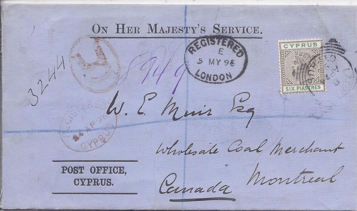 Cyprus 1896 (AP 24) ‘On Her Majesty’s Service’ blue Post Office envelope registered to Montreal, Canada, bearing single franking 6pi. sepia and green tied Larnaca square-circle, red registration at left and London transit top centre. Reverse with white perforated sealing label cancelled by fine Larnaca cds, arrival backstamp. Very fine condition.