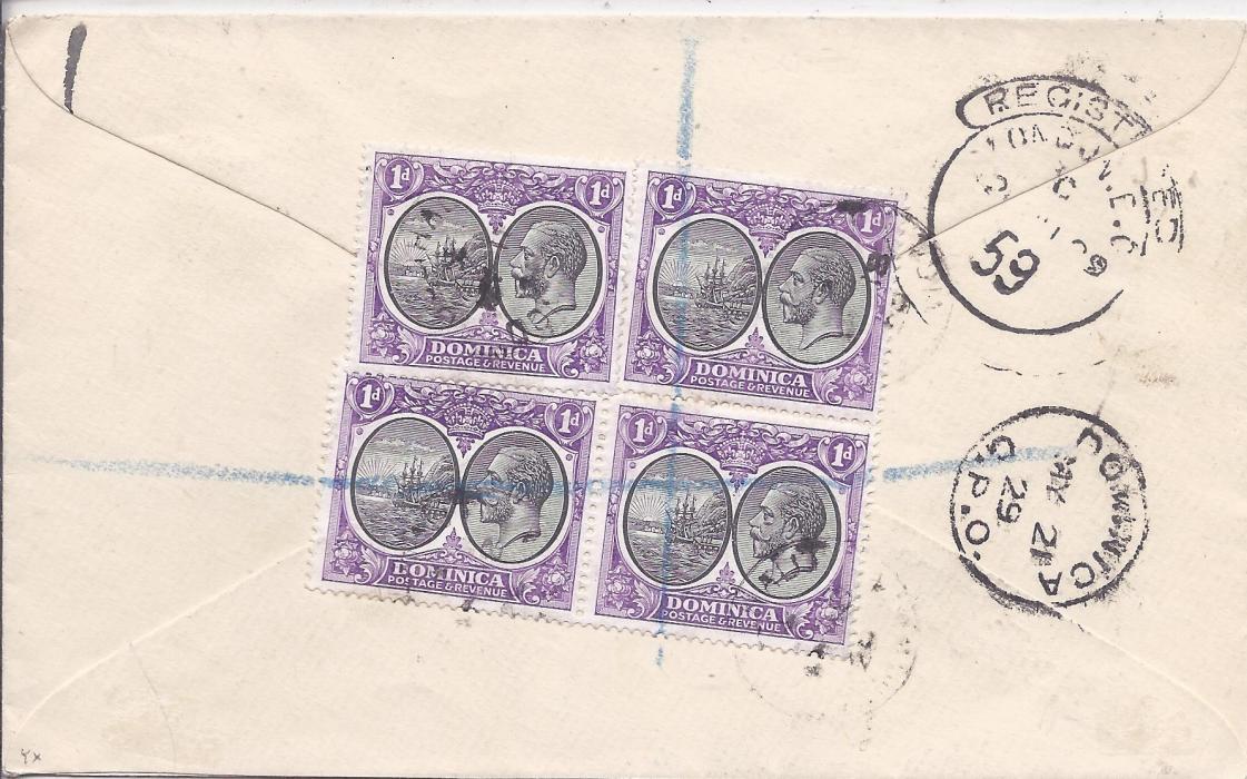 Dominica 1929 registered cover to Bristol, franked 1923-33 ½d (on front) and 1d. block of four (on reverse) cancelled Colihaut cds, manuscript registration, Dominica and London transit backstamps.