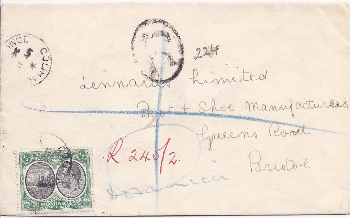 Dominica 1929 registered cover to Bristol, franked 1923-33 ½d (on front) and 1d. block of four (on reverse) cancelled Colihaut cds, manuscript registration, Dominica and London transit backstamps.