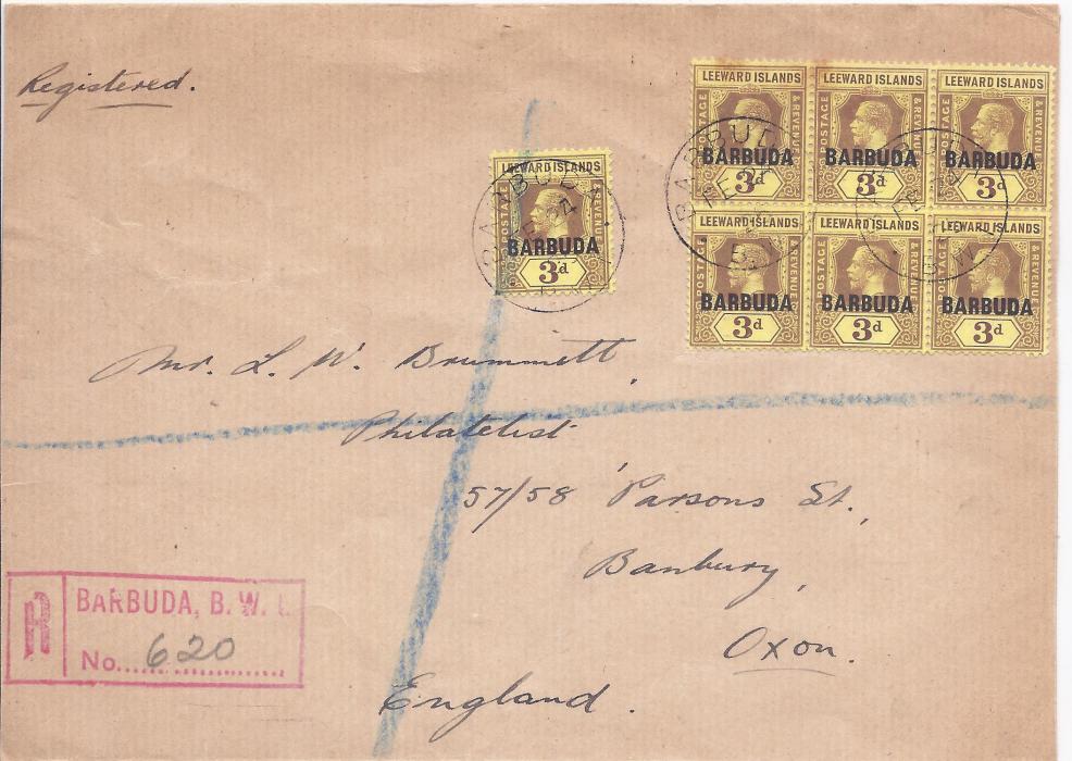 Antigua (Barbuda) 1925 registered cover to Banbury, England franked seven ‘BARBUDA’ overprinted Leeward Island 3d. tied cds, red registration bottom left, reverse with St John’s Antigua transit and Registered Plymouth transits.