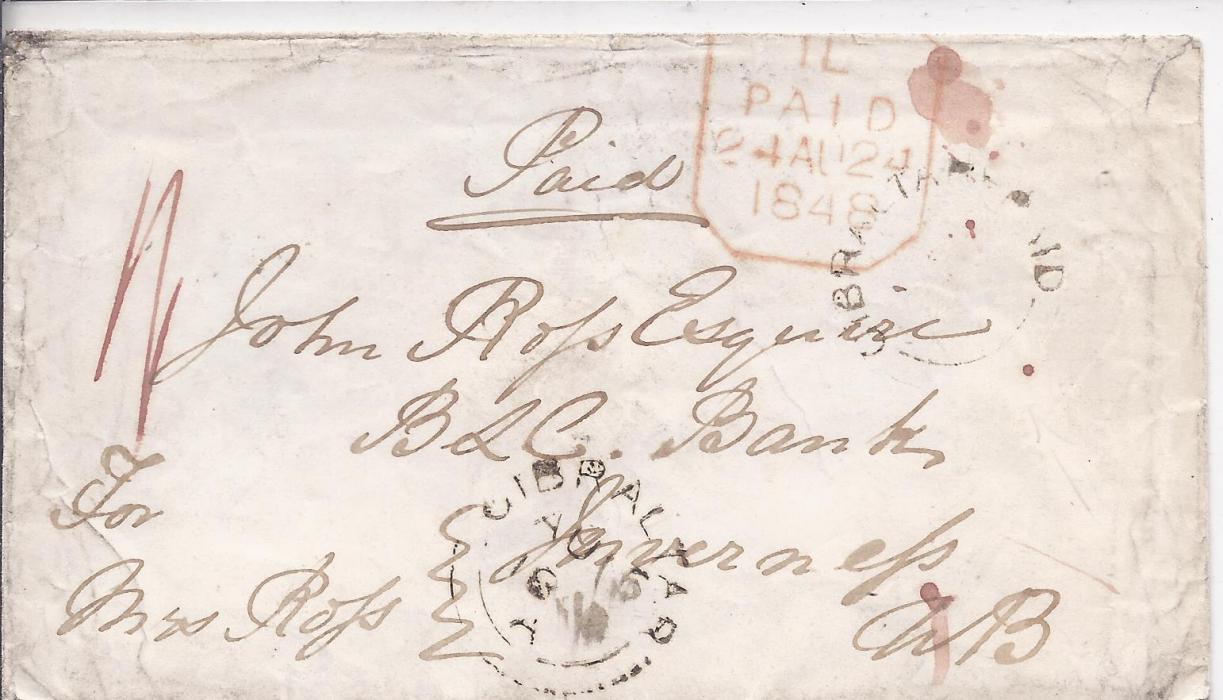 Gibraltar 1848 cover to Scotland with Gibraltar Paid double arc date stamp, Gibraltar double arc date stamp at base, London transit on front and framed Inverness date stamp on reverse; some peripheral envelope creasing.