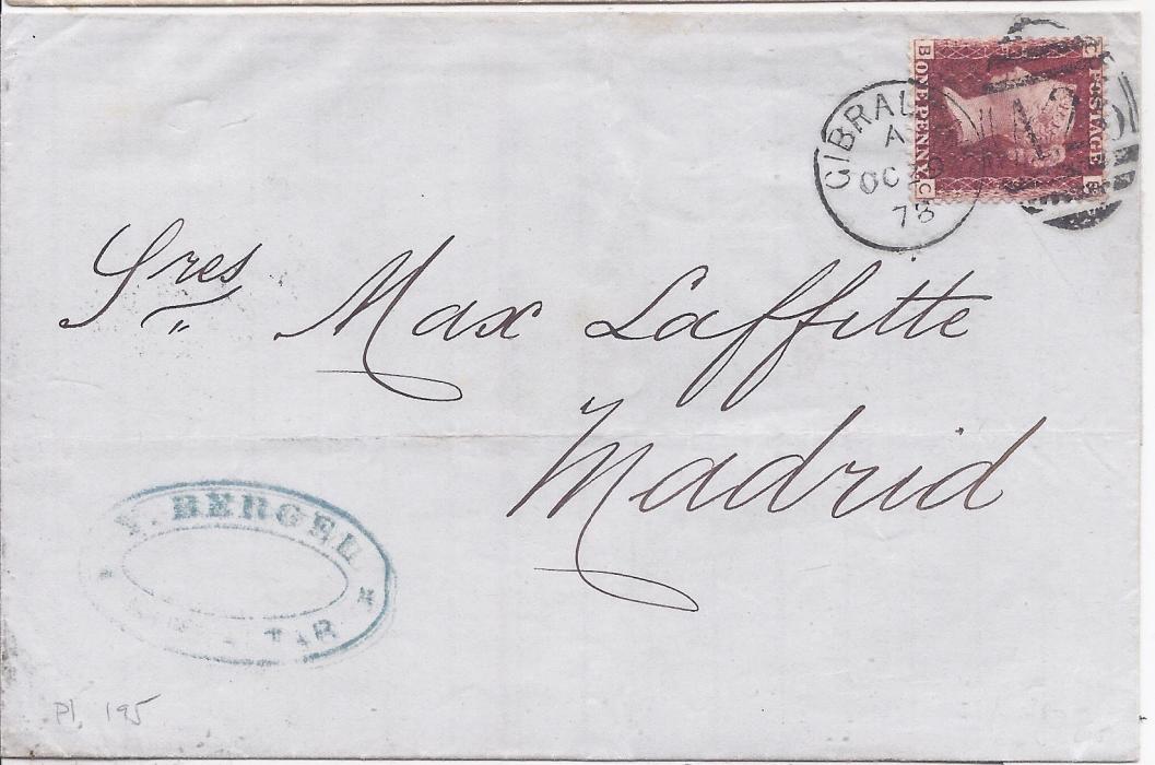 Gibraltar 1878 (OC 30) outer letter sheet to Madrid franked Great Britain 1d. red, BC, plate 195, tied fine A26 duplex, arrival backstamp.
