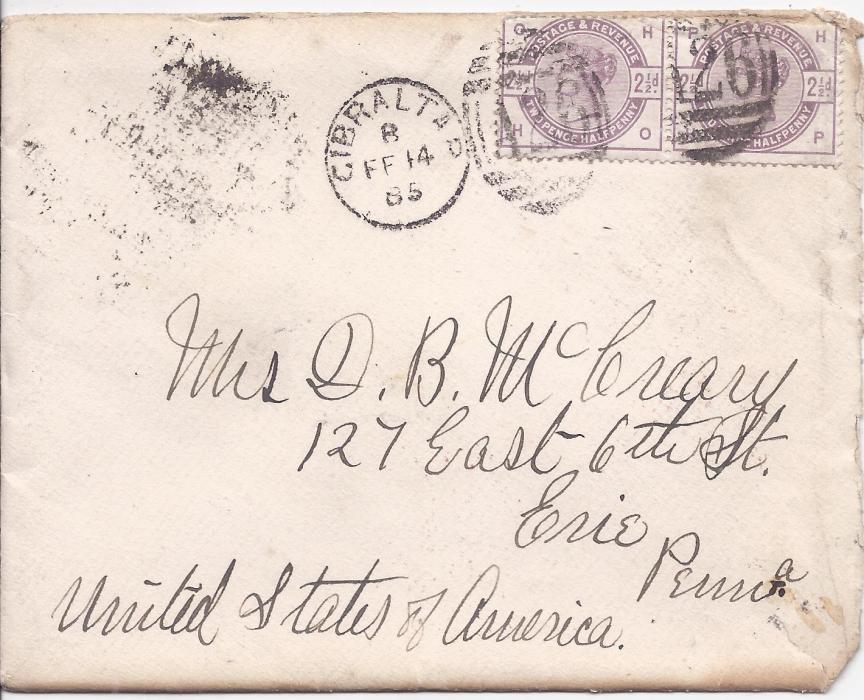Gibraltar 1885 (FE 14) cover to Erie, Penn., USA franked pair 2½d. lilac, HO-HP, tied A26 obliterator and a duplex. With thick letter enclosed written on Flagship Lancaster paper and addressed as “at Sea”. Small fault at top of right-hand stamp.
