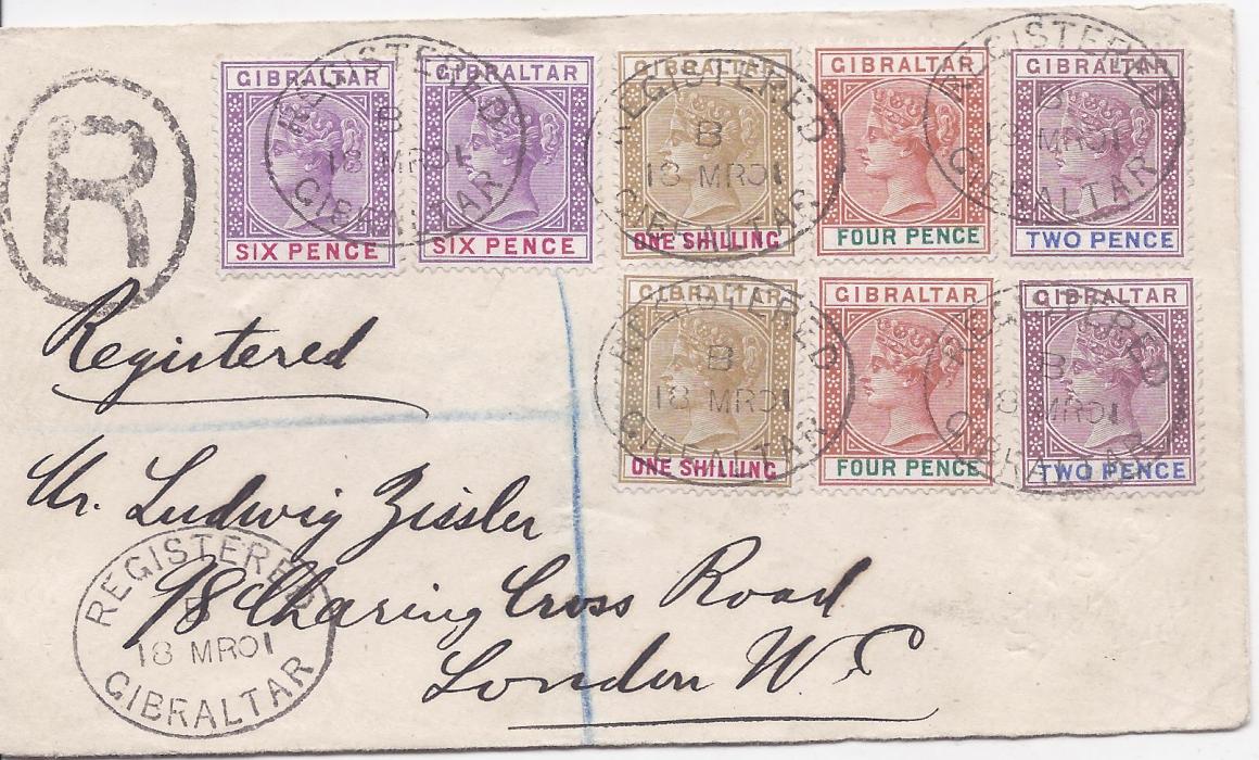 Gibraltar 1901 (18 MR) registered cover to London franked two of each of 2d., 4d., 6d. and 1s. tied oval Registered date stamps, arrival backstamps. Very fine and attractive.