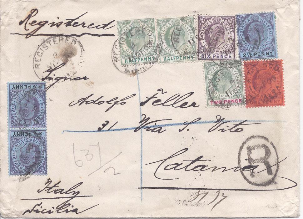 Gibraltar 1903 (11 SE) registered cover to Catania, Italy franked first issue KEVII 1/2d. (2), 1d., 2d., 2 1/2d. (3) and 6d. tied registered date stamps, arrival backstamp.