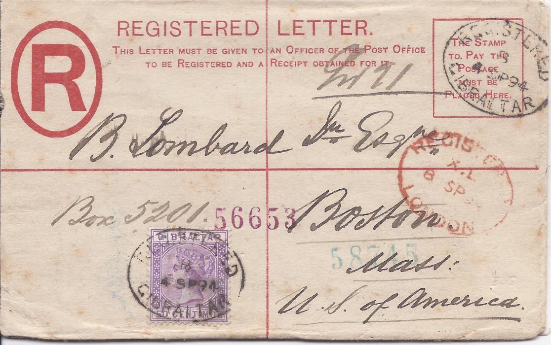 Gibraltar (Registered Stationery) 1894 20c envelope, size F,  to Boston, USA uprated with 50c. cancelled Registered oval date stamps, London transit to right, reverse with New York transit and arrival tying the stamp image