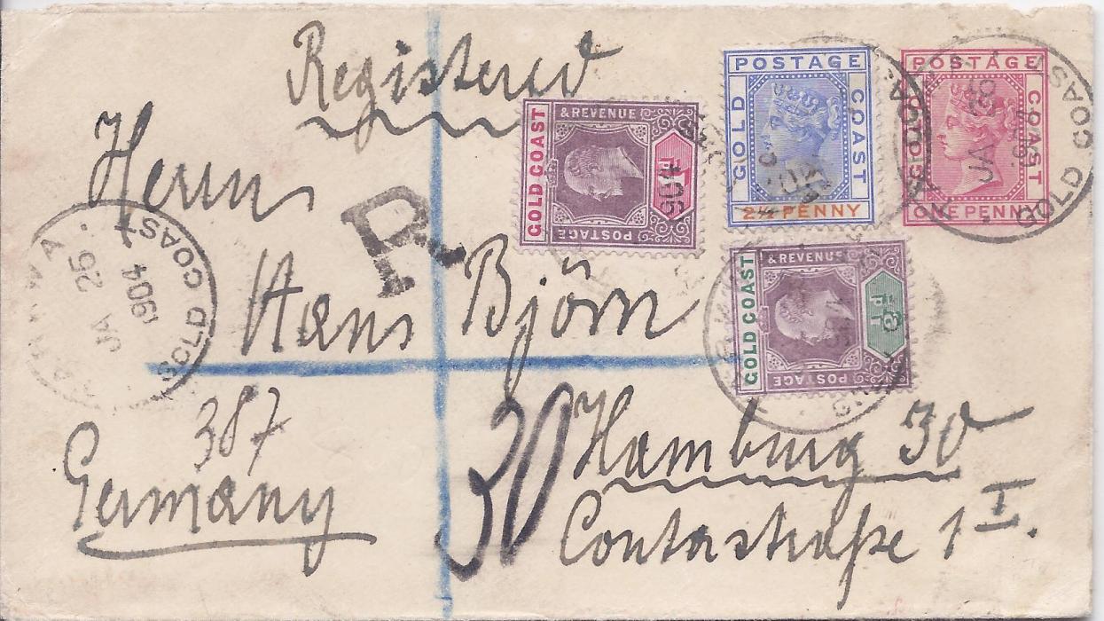 Gold Coast 1904 1d. Queen Victoria postal stationery envelope registered to Germany uprated by 1894-91 2½d. plus KEVII 1902 ½d. and 1d. tied Tarkwa cds, small unframed ‘R’ and manuscript number, reverse with Sekondi transit, Registered London transit and Hamburg arrival cds.