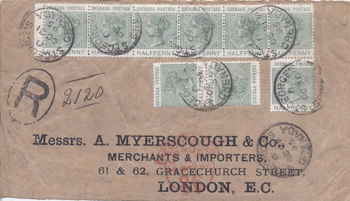 Grenada 1895 registered cover to London franked 1/2d. horizontal strip of six, a single and a vertical tete-beche pair tied St Georges cds, red London arrival at base, fine correctly rated cover.