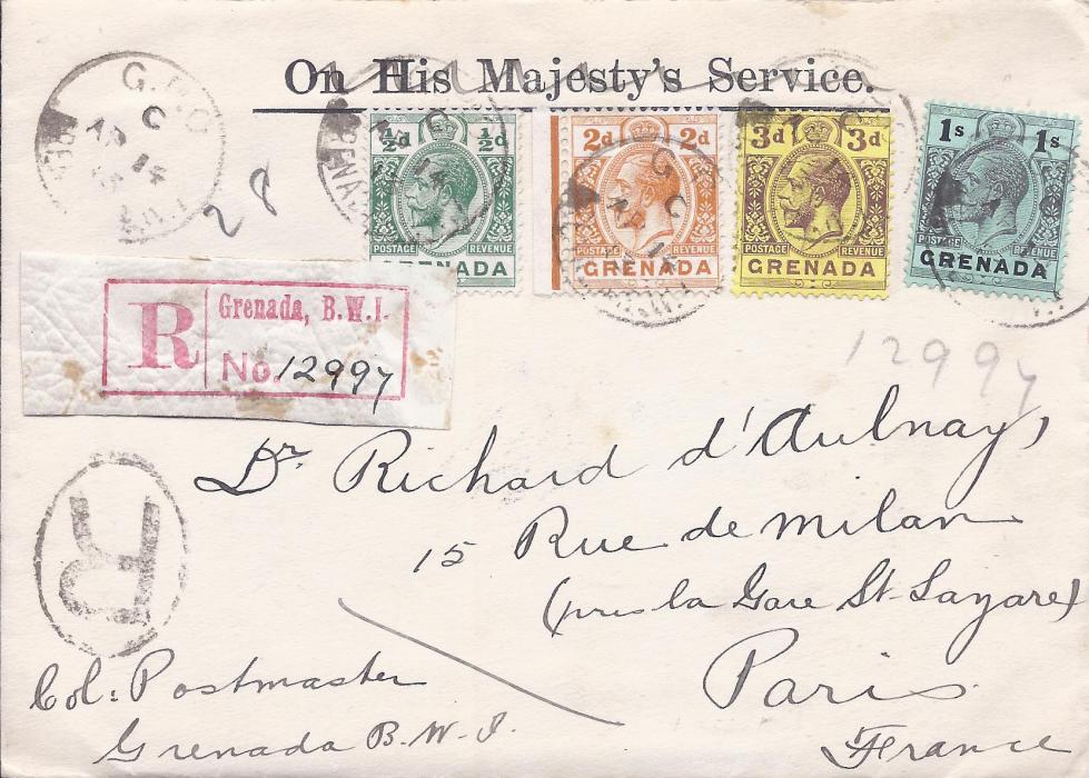 Grenada 1913 registered cover to Paris franked ½d., 2d., 3d. and 1s. tied G.P.O. cds, red registration label at left, London transit backstamp. With contents, a letter from Post Office detailing the stamps enclosed.