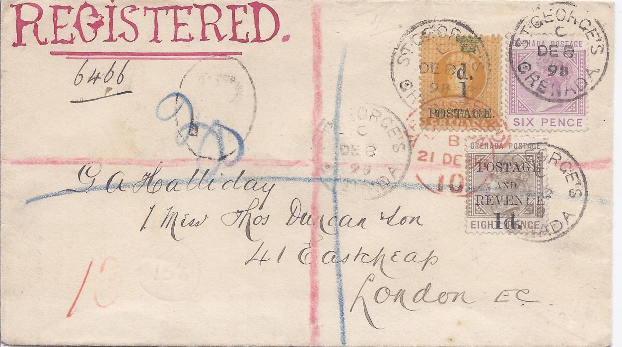 Grenada 1898 registered cover to London bearing fine mixed issue franking of 1886 1d. on 1s orange, 1888-91 Postage And Revenue 1d. on 8d. and 1883 6d., tied St George’s cds, red London arrival additionally tying stamps, no backstamps; fine and attractive.