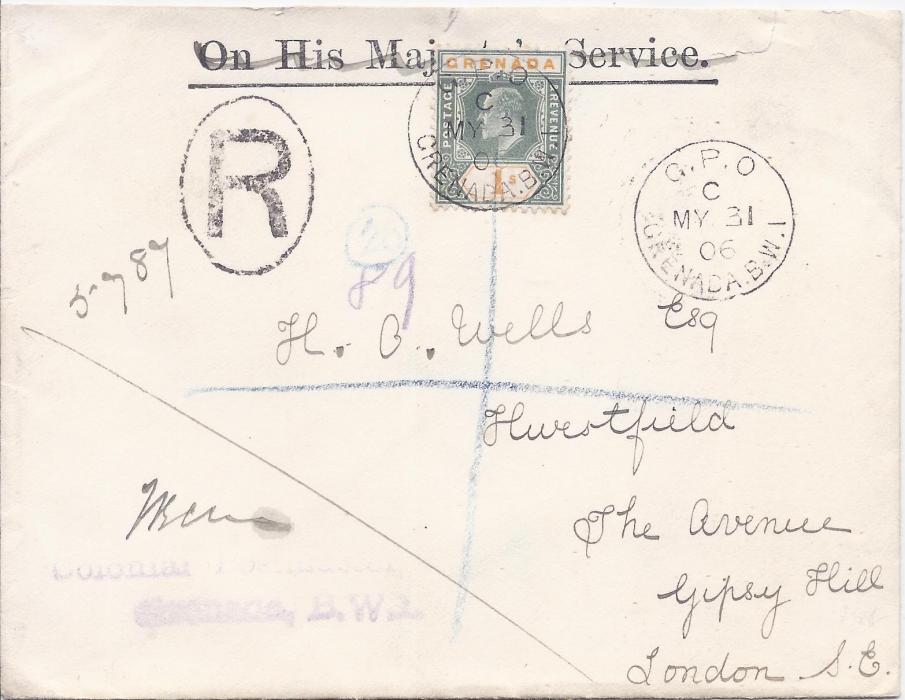 Grenada 1906 (MY 31) registered cover from Colonial Postmaster to London bearing single franking 1904-06 1s tied G.P.O. cds; roughly opened at top with slight faults, the stamp showing fine original colour.