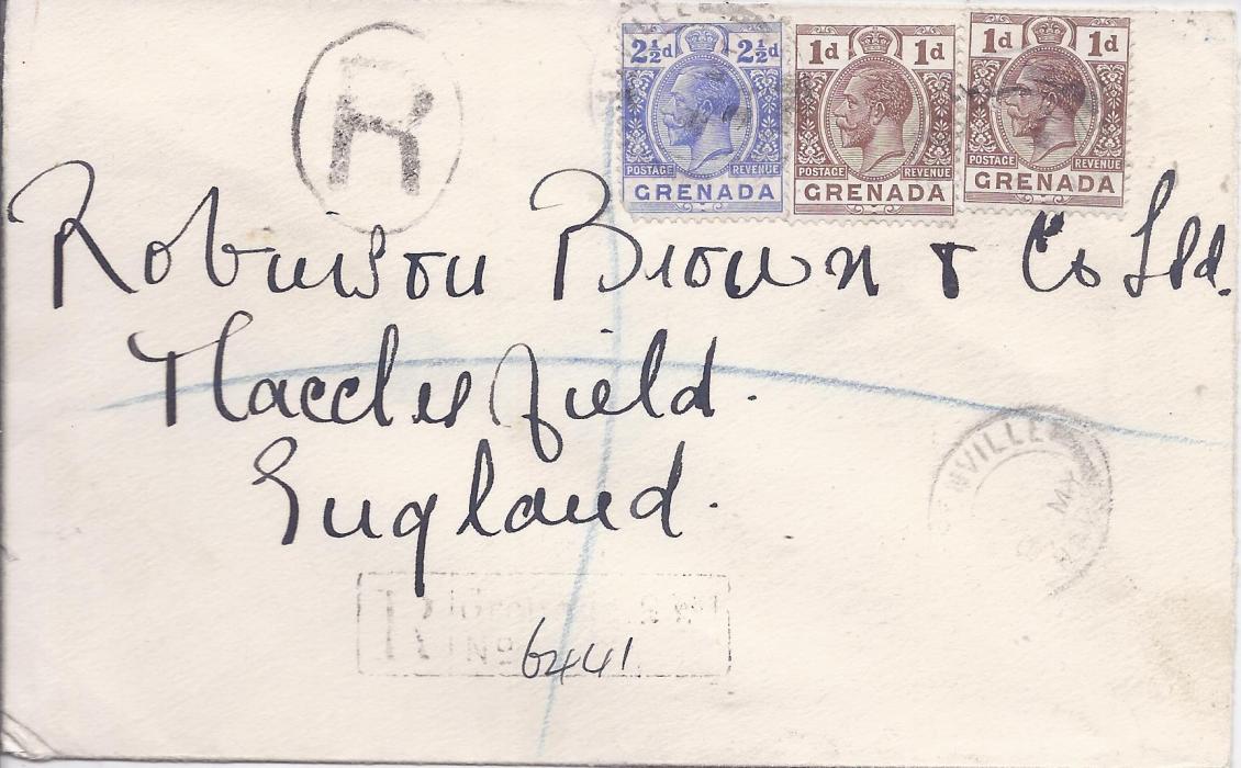 Grenada 1934 (8 MY) registered cover to England franked 1d. (2) and 2½d. tied Greneville distorted cds, registration handstamps, four more despatch backstamps together with G.P.O. cancel of next day and arrival cancel.