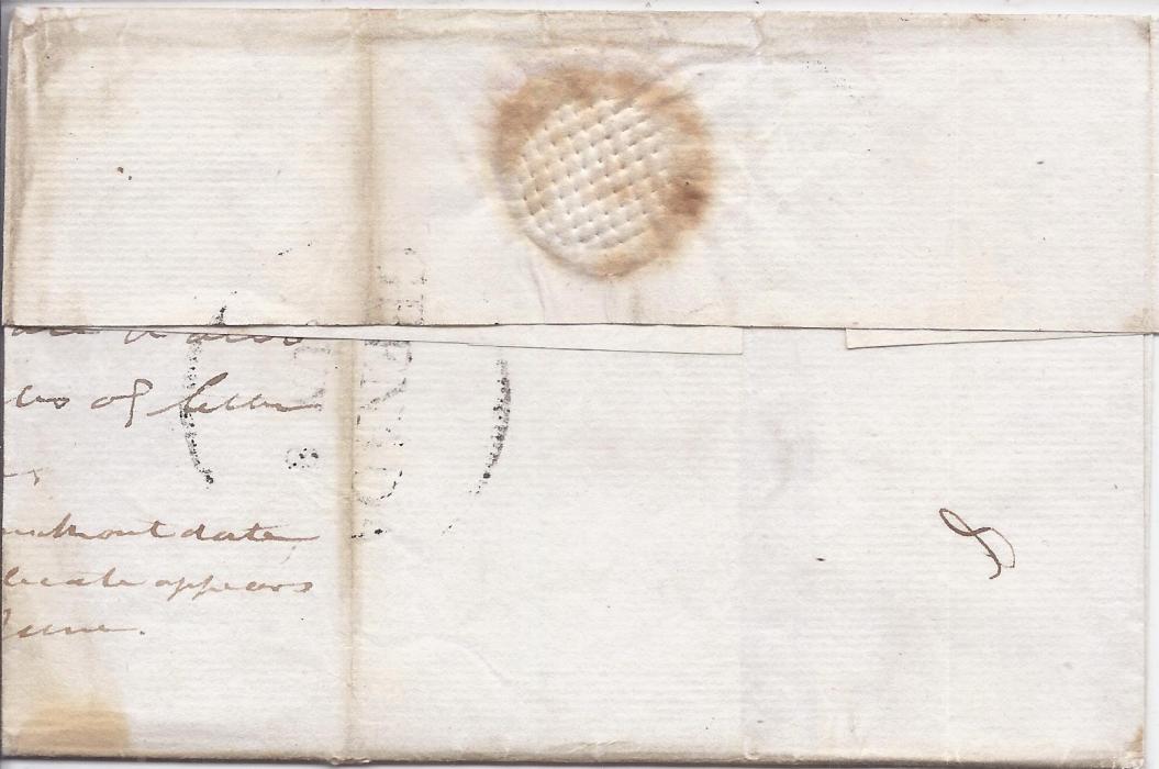 Grenada 1808 outer letter sheet annotated to once containing duplicate letters, “4/-“ manuscript rating with “8” added, reverse with  part large GRENADA date stamp which is affected by vertical filing crease.