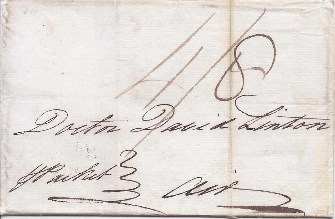 Grenada 1808 outer letter sheet annotated to once containing duplicate letters, “4/-“ manuscript rating with “8” added, reverse with  part large GRENADA date stamp which is affected by vertical filing crease.