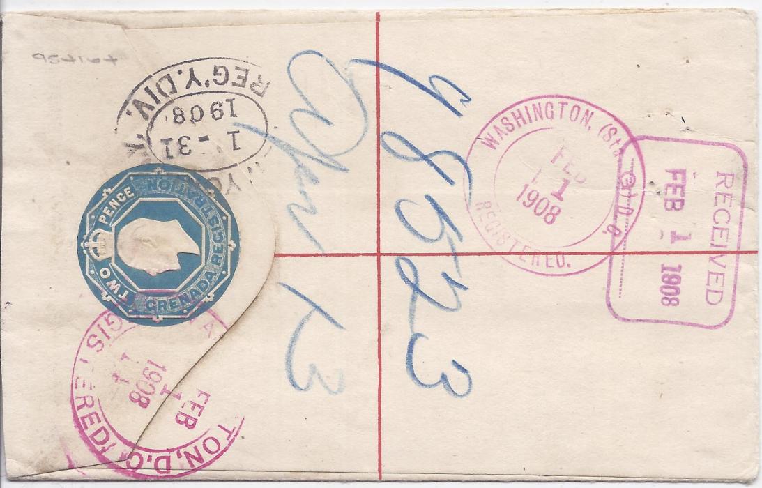 Grenada Postal Stationery: 1908 2d. registration envelope, size F, to Washington and uprated with five 1/2d. tied G.P.O. cds, New York transit and arrival backstamps.