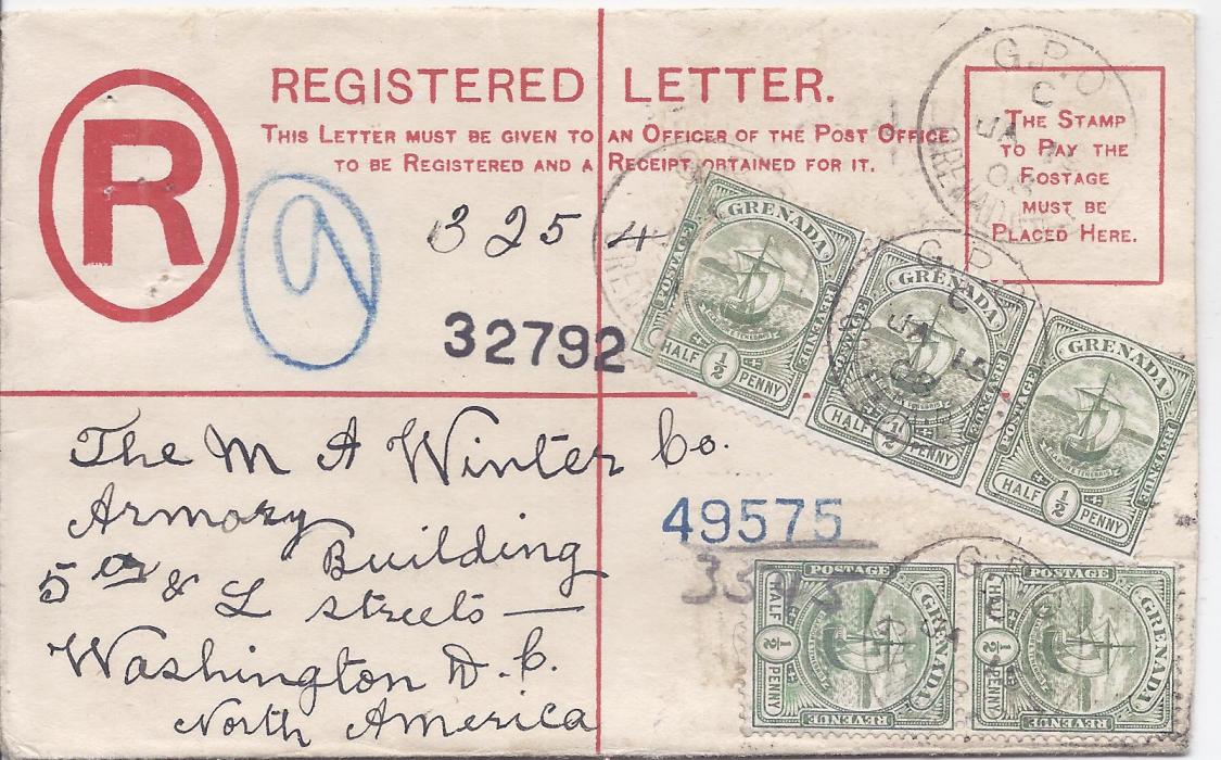 Grenada Postal Stationery: 1908 2d. registration envelope, size F, to Washington and uprated with five 1/2d. tied G.P.O. cds, New York transit and arrival backstamps.