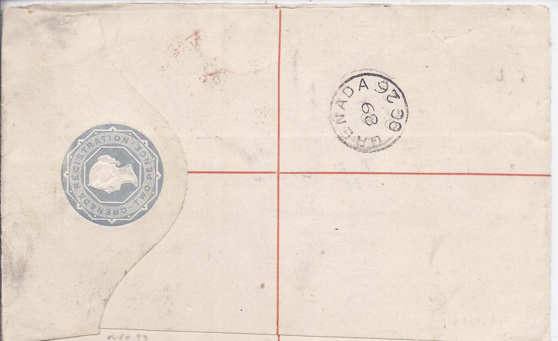 Grenada 1889 2d. registration envelope, size G, Thos. De La Rue & co. Patent, to London uprated 4d. tied by blue GRENADA 26 OC 68/ D, red London arrival also tying stamp, reverse with Grenada cds.