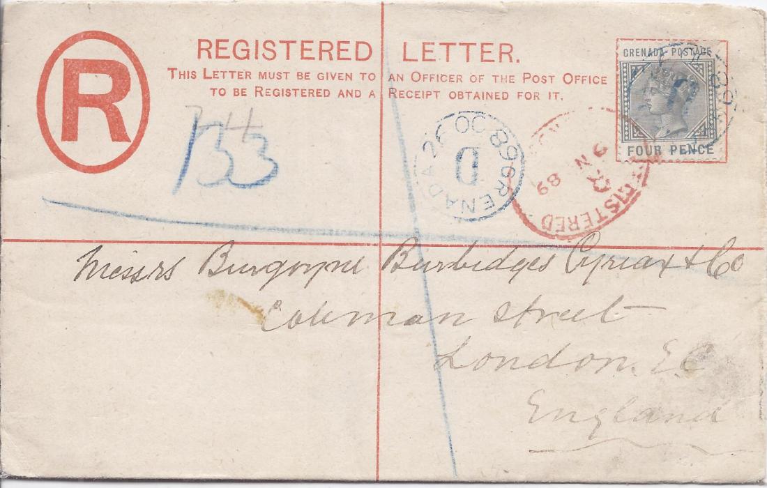 Grenada 1889 2d. registration envelope, size G, Thos. De La Rue & co. Patent, to London uprated 4d. tied by blue GRENADA 26 OC 68/ D, red London arrival also tying stamp, reverse with Grenada cds.