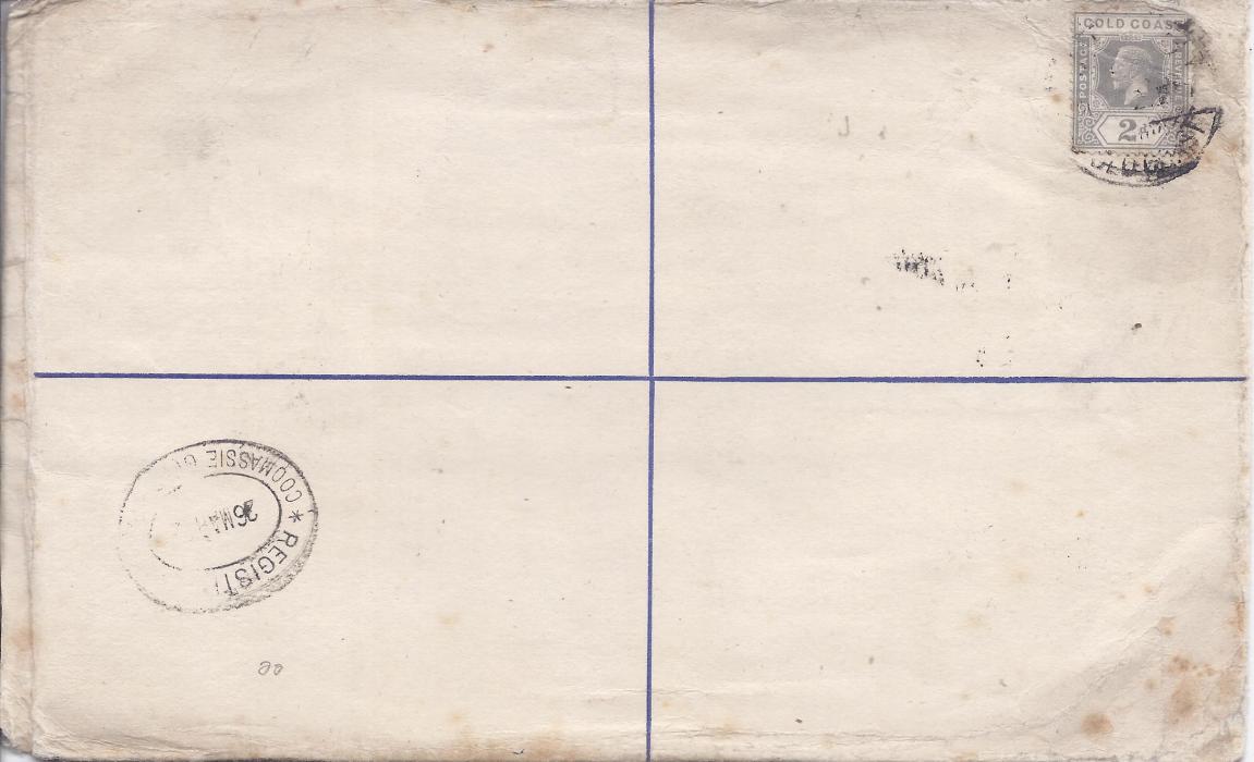 Gold Coast 1920s 3d. registration postal stationery envelope to Huddersfield, uprated with 2d. and cancelled Juaso cds, registration label with printed number3 and manuscript town name, reverse with Coomassie transit date stamp; corner crease affecting stamp and other slight faults, a scarce cancel.