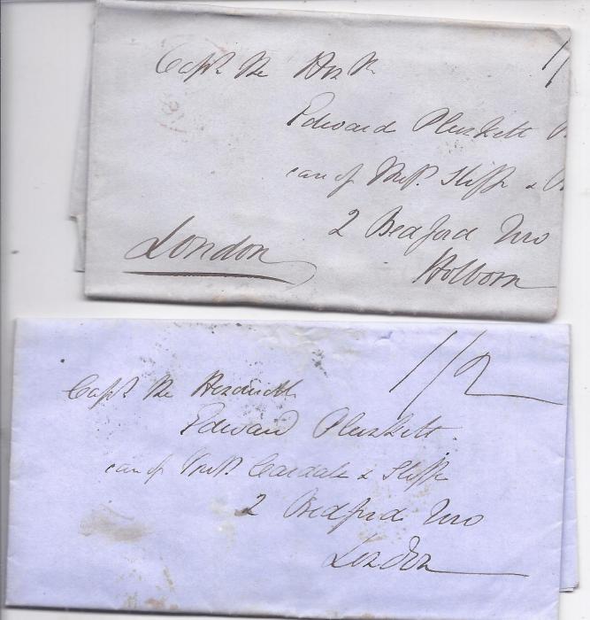 Jamaica 1850 and 1851 pair of entires to London showing two different types of Rodney Hall despatch cancels as well as different Kingston transits; good condition.
