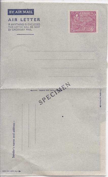 Jamaica 1947 6d Priestman’s River stationery Air Letter diagonally overprinted SPECIMEN whilst item was unfolded. Now folded otherwise fine and scarce.