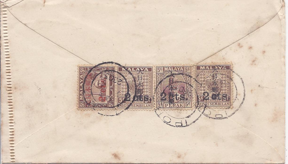 Malaya Japanese Occupation: c.1942 cover to Taiping franked 2 Cents on 5cts of Perak, Negri Sembilan (2) and Selangor tied by Ipoh date stamps.