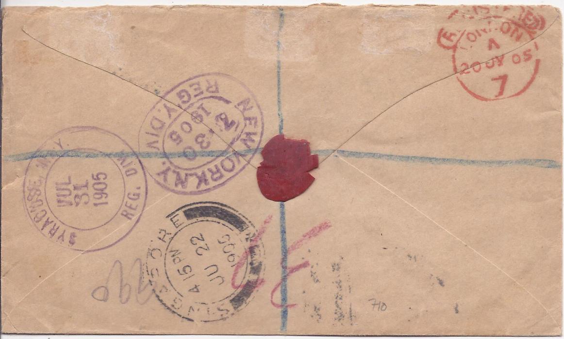 North Borneo 1905 registered cover from Sandakan to New York franked at 18c. rate by 1897-1902 3c. green and rosy mauve, perf 13½ -14, and 1901-05 ‘BRITISH PROTECTORATE’ 5c. black and orange-vermilion, strip of three, perf 14½-15, tied by two fine strikes of despatch cds, with very fine type R5 registration cachet at lower left. Backstamps of Singapore, London, New York and Syracuse. Some slight inconsequential toning.
