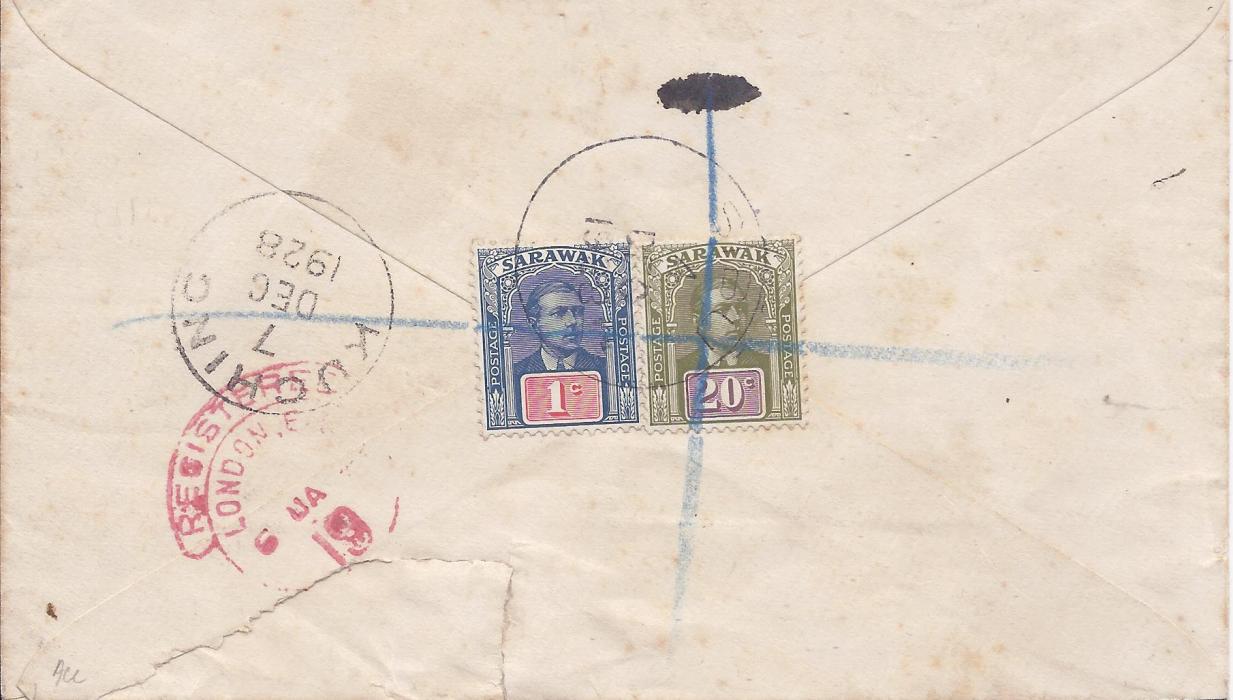 Sarawak 1928 registered cover to Bristol, franked on reverse 198 Charles Brooke 1c. and 20c. tied Sibu despatch cds, Kuching transit and arrival cancel alongside. The front bears two registration handstamps, one at top that has been crossed out as incorrect manuscript number applied. Some slight toning.