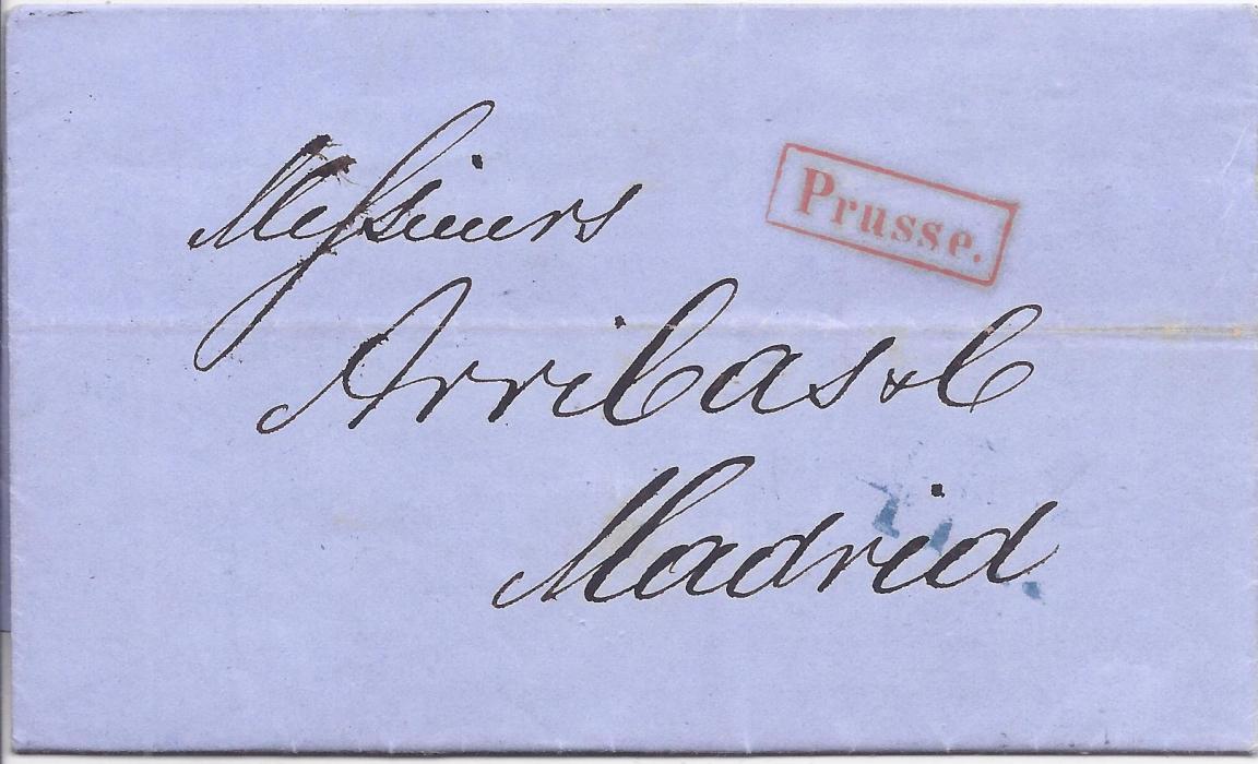 Russia 1853 and 1857 entires from Saint Petersburg to Madrid, Spain, the first with framed despatch backstamp, framed PRUSSE transit on front together with 4R charge handstamp. The second with diamond framed despatch date stamp, framed PRUSSE handstamp on front together with 4Rcharge handstamp.
