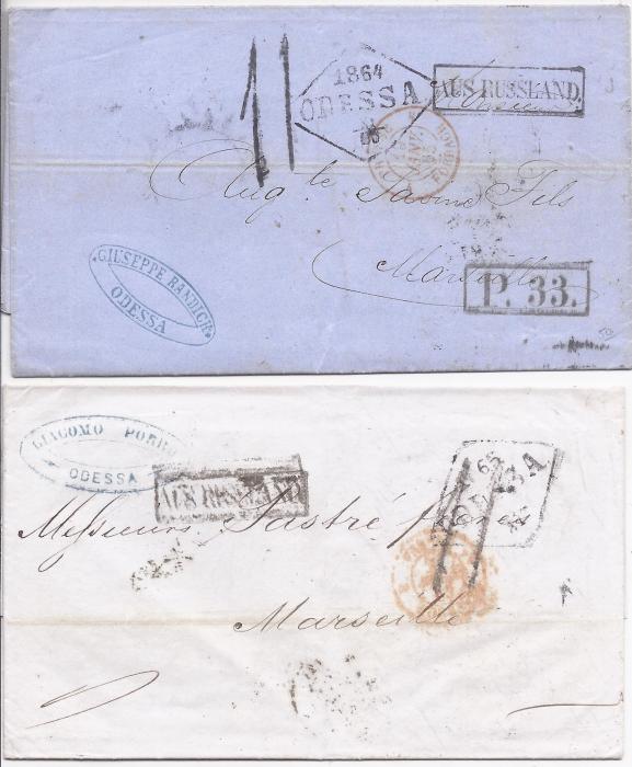 Russia  1865 two entires from Odessa to Marseille each charged 11 decimes on arrival, bearing boxed Aus Russland cachets and two different types of oval-framed Porto 3 handstamps.