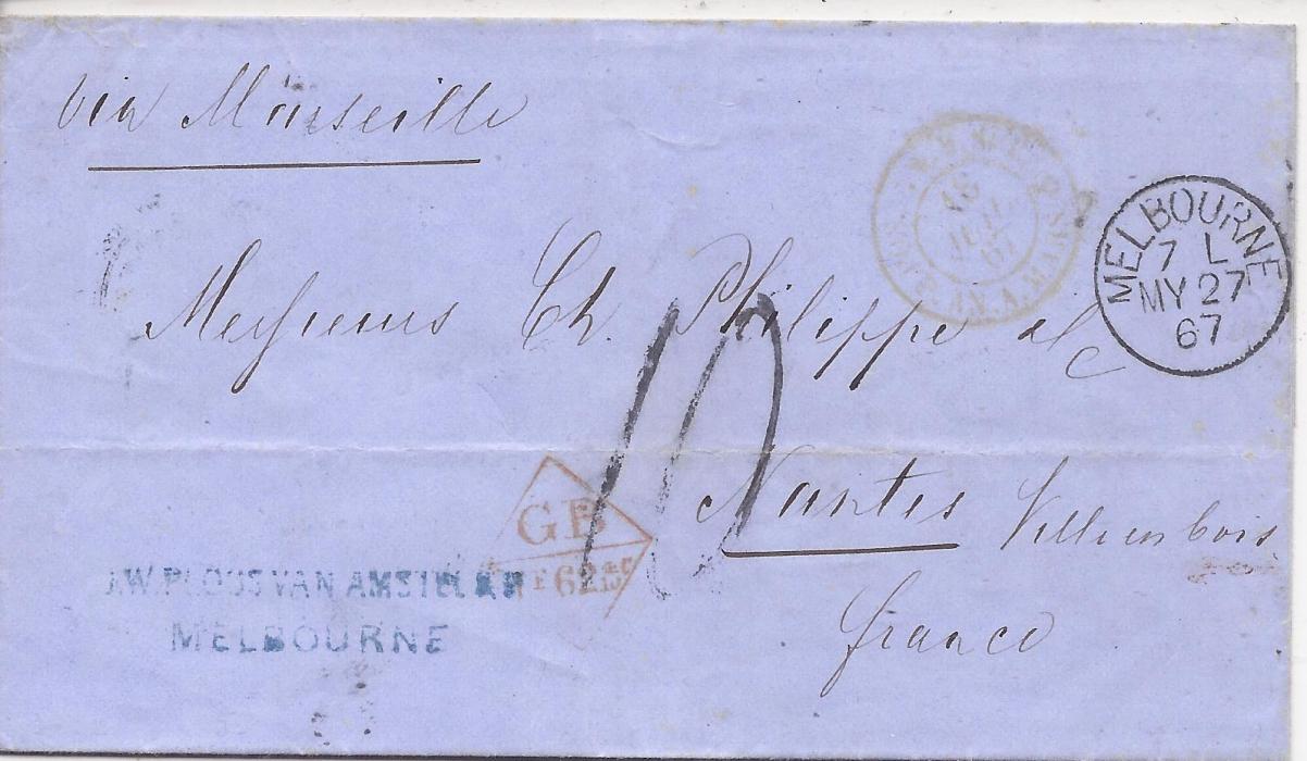 Australia New South Wales: 1867 outer letter sheet to Nantes, France bearing Melbourne despatch cds, annotated to go “Via Marseille”, faint red Paris transit, diamond-framed accountancy ‘G.B./ 1f.62 4/10th c’ applied and rated ‘10’ decimes, reverse with Paris a Nantes tpo and Chanternay S Loire arrival cds