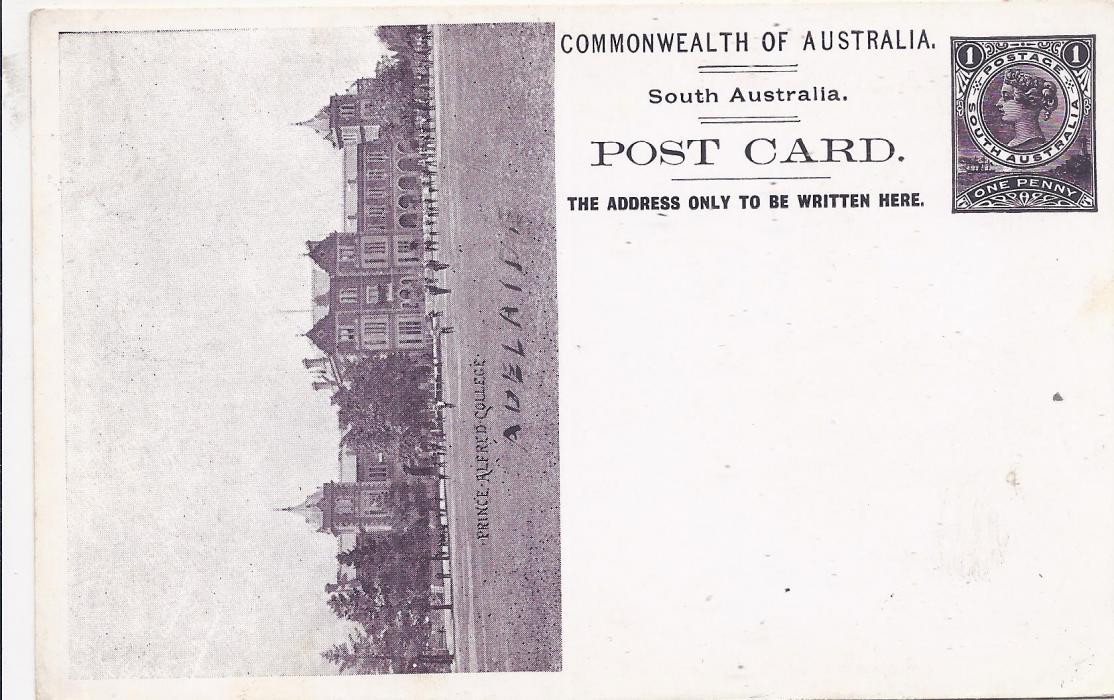 Australia (South – Picture Stationery) 1900s 1d. black-purple stationery card with illustration of ‘Prince Albert College’ unused. Adelaide has been added in pen.