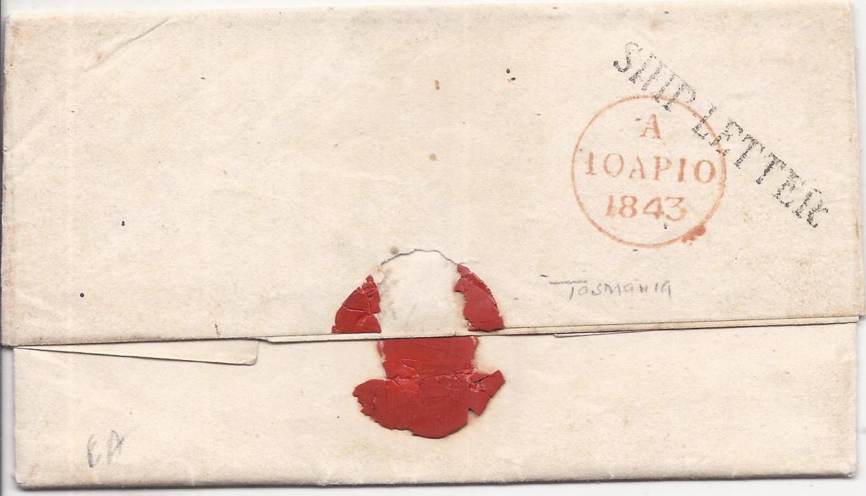 Australia Tasmania 1842 entire to London with manuscript rate markings, red PAID date stamp, reverse with straight-line SHIP LETTER and red cds