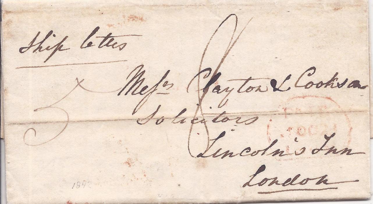 Australia Tasmania 1842 entire to London with manuscript rate markings, red PAID date stamp, reverse with straight-line SHIP LETTER and red cds