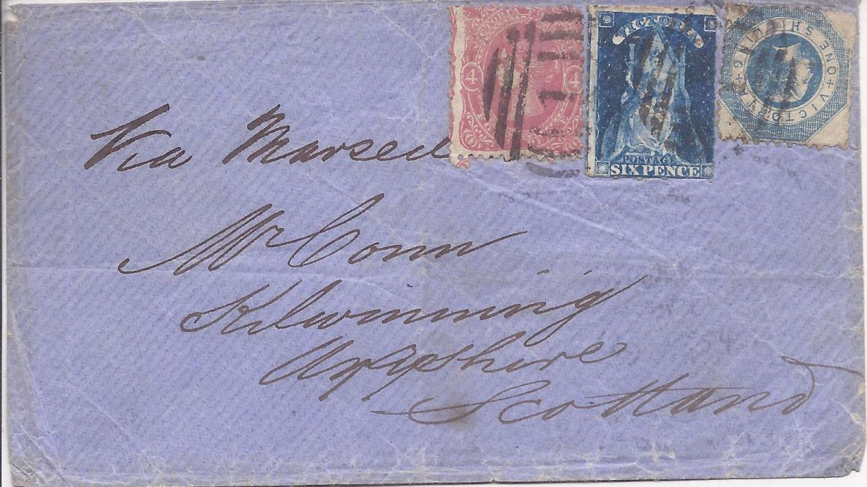 Australia Victoria 1860 cover to Scotland franked 4d., 6d. and 1sh. tied numeral ob;iterators, reverse with Liverpool and Glasgow transits;some creasing to envelope affecting the 1sh. value but still an attractive cover.