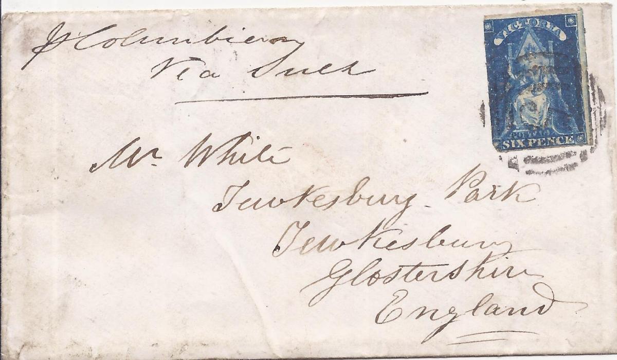 Australia Victoria 1861 cover to Tewkesbury, England bearing single franking imperf 6d., tied by 5 numeral handstamp, reverse with Ballarat oval despatch, Geelong oval transit and arrival cds, routed via suez.