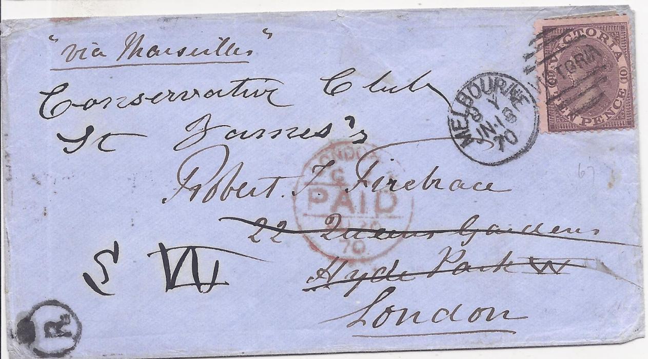 Australia Victoria 1870 cover to London, redirected on arrival to 