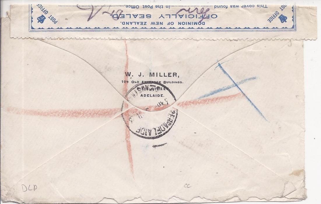 Australia Unclearly dated registered cover to Dunedin, New Zealand franked KGV Heads 1/2d.,1d. and 1 1/2d. (4) tied Adelaide cds, Officially Sealed label applied on arrival as found torn