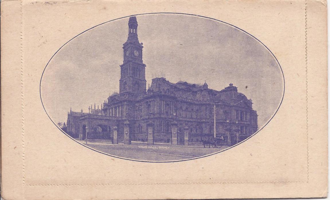 Australia (Picture Stationery) 1911 1d reply letter card in a dark blue shade, the front image of Town Hall, Sydney and the return Phatom Waterfalls Victoria, both outward and reply sections cto with Melbourne cds of NO 10/ 11

