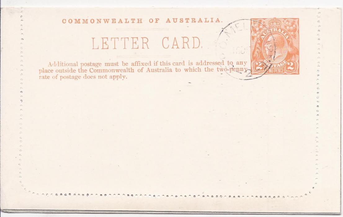 Australia (Picture Stationery) 1920s 2d. orange  letter card, ‘Hawkesury River, N.S.W.’, white surfaced paper with grey-green interior, cto used with Melbourne cds for U.P.U. distribution. A scarce card.