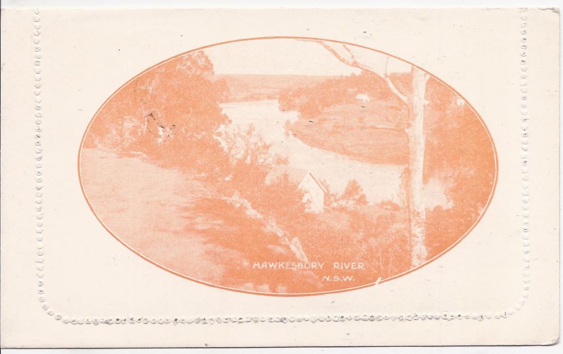 Australia (Picture Stationery) 1920s 2d. orange  letter card, ‘Hawkesury River, N.S.W.’, white surfaced paper with grey-green interior, cto used with Melbourne cds for U.P.U. distribution. A scarce card.