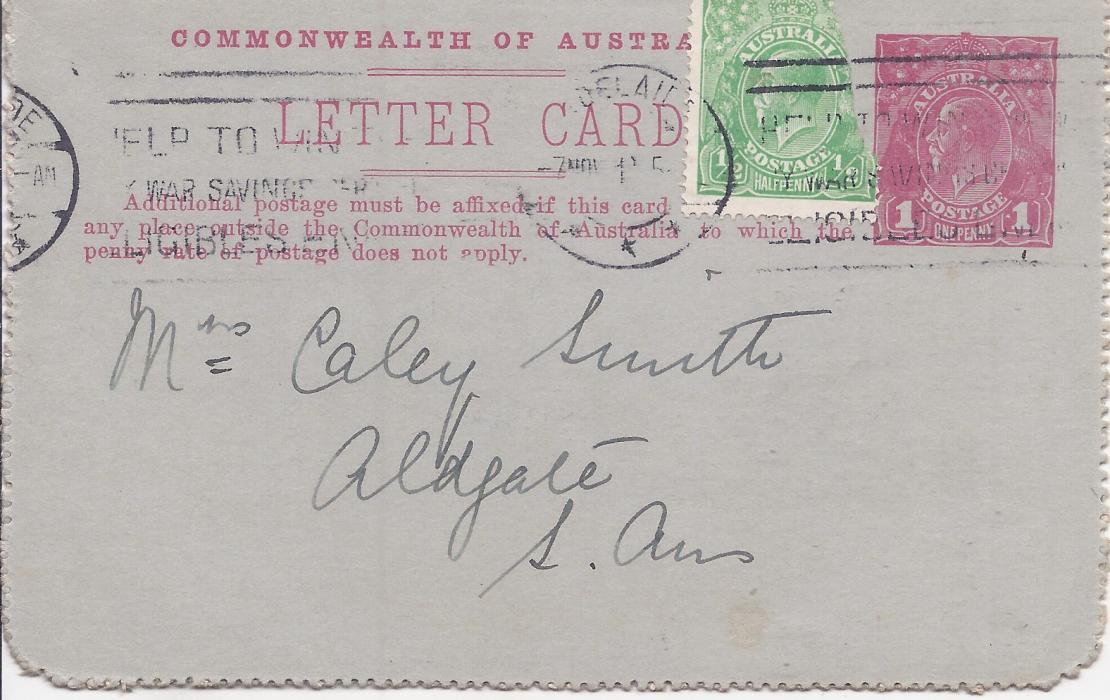 Australia (Picture Stationery) 1914-18 Die I 1d. red  letter card, ‘Rundle St, Adelaide’, no sky retouch, uprated used with damaged stamp, short message.