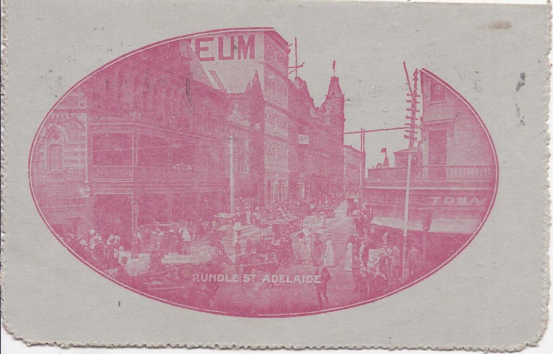 Australia (Picture Stationery) 1914-18 Die I 1d. red  letter card, ‘Rundle St, Adelaide’, no sky retouch, uprated used with damaged stamp, short message.