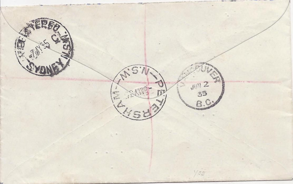 Australia 1935 (6 MY) registered cover to Vancouver, Canada, franked Silver Jubilee set of three  with Petersham N.S.W. cds, reverse with Sydney transit and arrival cds; good condition.