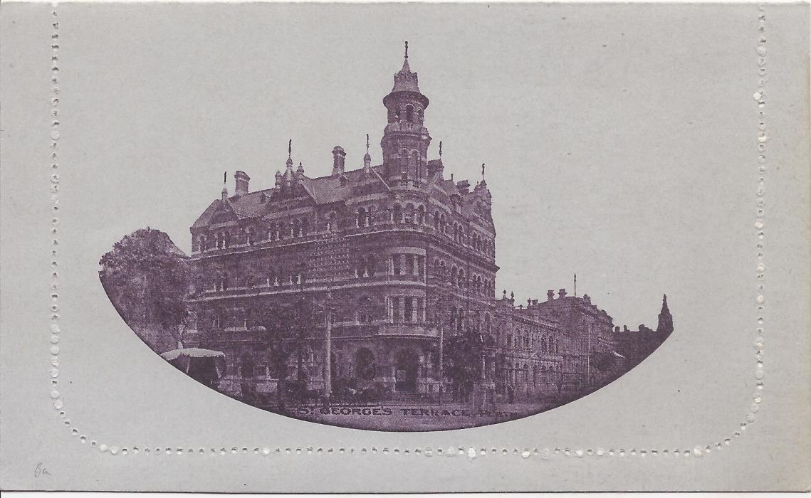 Australia (Picture Stationery) 1913-14 1d purple-brown Roo, original die letter card ‘St George’s Terrace, Perth’ unframed oval without sky; fine unused.