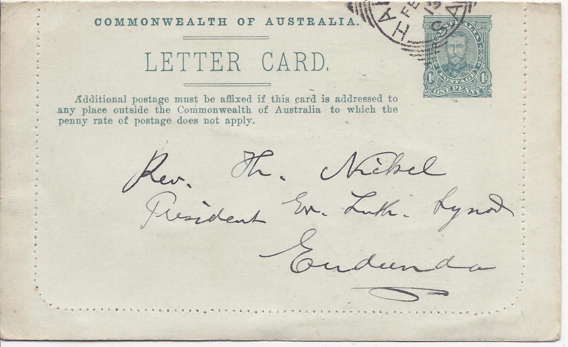 Australia (Picture Stationery) 1910s 1d blue-green ‘fullface’, Setting II, text B,  letter card, ‘Lorne, Victoria’, fine used with full message.